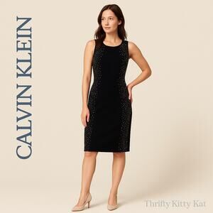 Calvin Klein Black Sleeveless Sheath Dress 2 Embellished Rhinestone Cocktail
